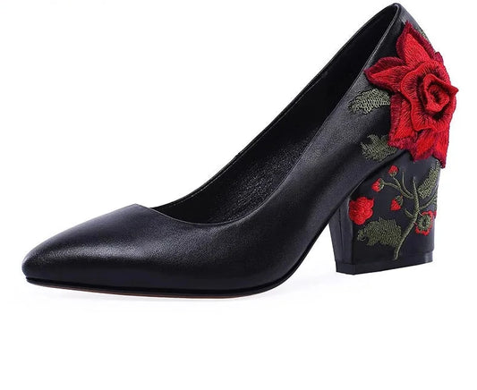 Floral Embroidered Chunky High Heel Shoes