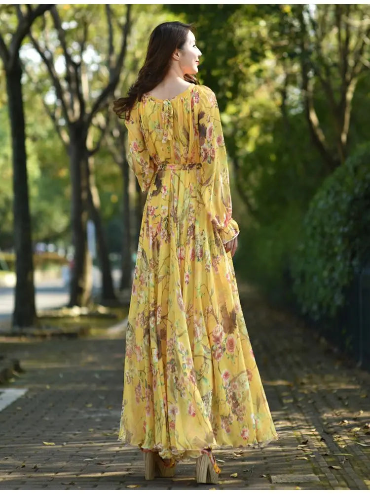 Floral Print O-Neck Long Sleeves Dress