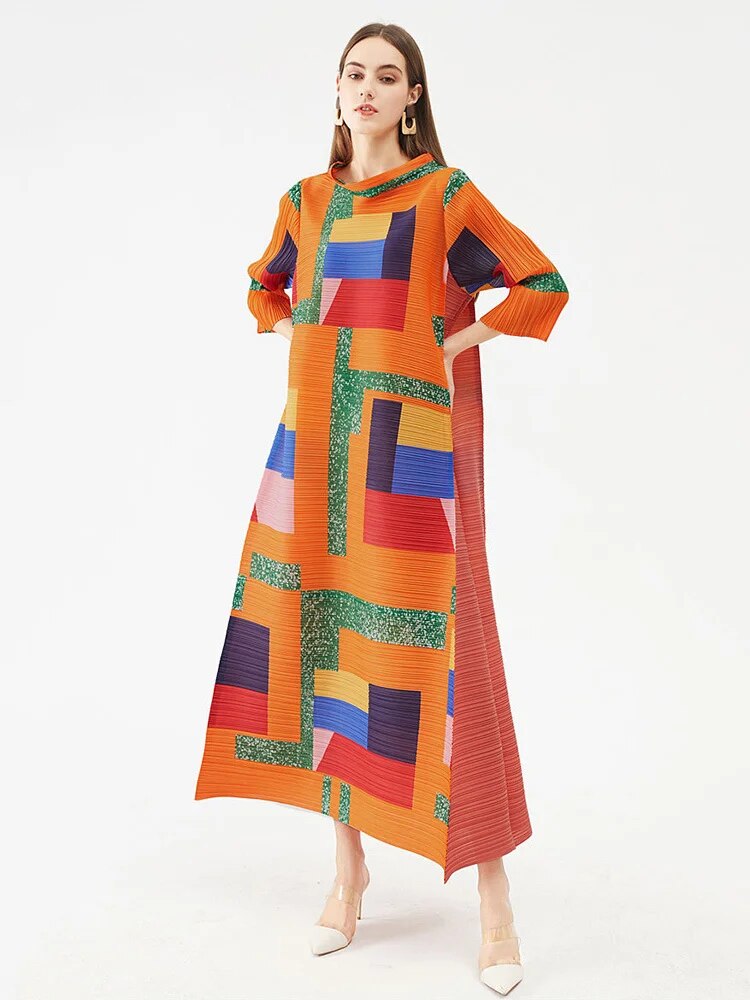 Miyake Pleated Geometric Print Long Dress