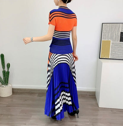 Miyake Pleated Striped Top and Long Skirt Set