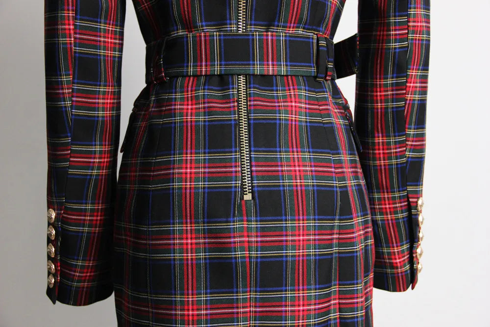 Plaid Double-Breasted Blazer Dress with Belt