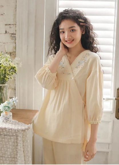 Embroidered Three-Quarter Sleeve Pajama Set