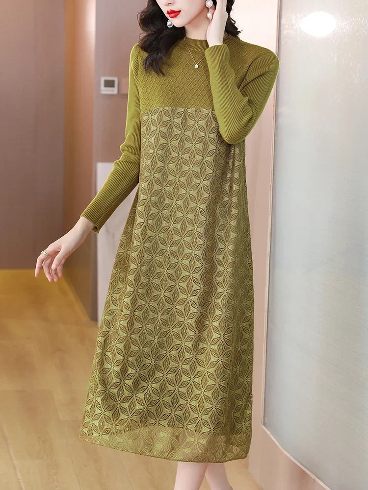 Knitted Woolen Patchwork Sweater Dress