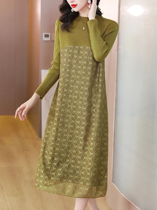 Knitted Woolen Patchwork Sweater Dress