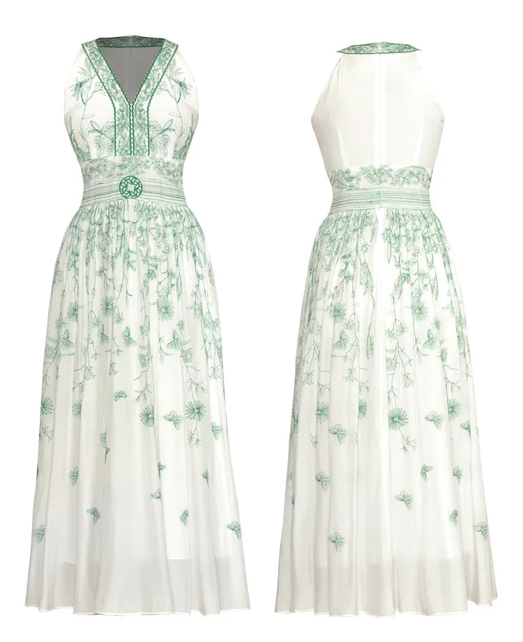 Floral Embroidery V-Neck Sleeveless Dress
