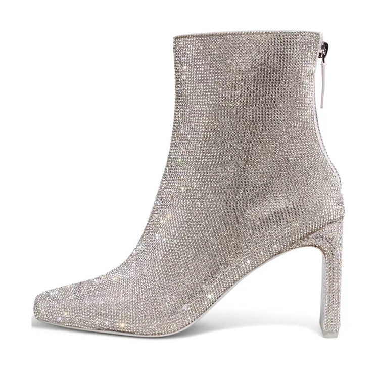 Sparkling Crystals Square Toe Ankle Boots