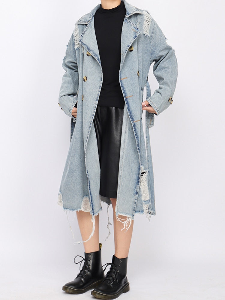Double-Breasted Hollow Out Denim Trench Coat