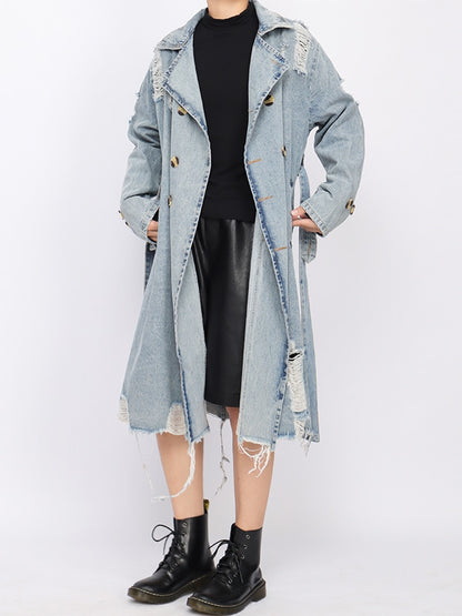 Double-Breasted Hollow Out Denim Trench Coat