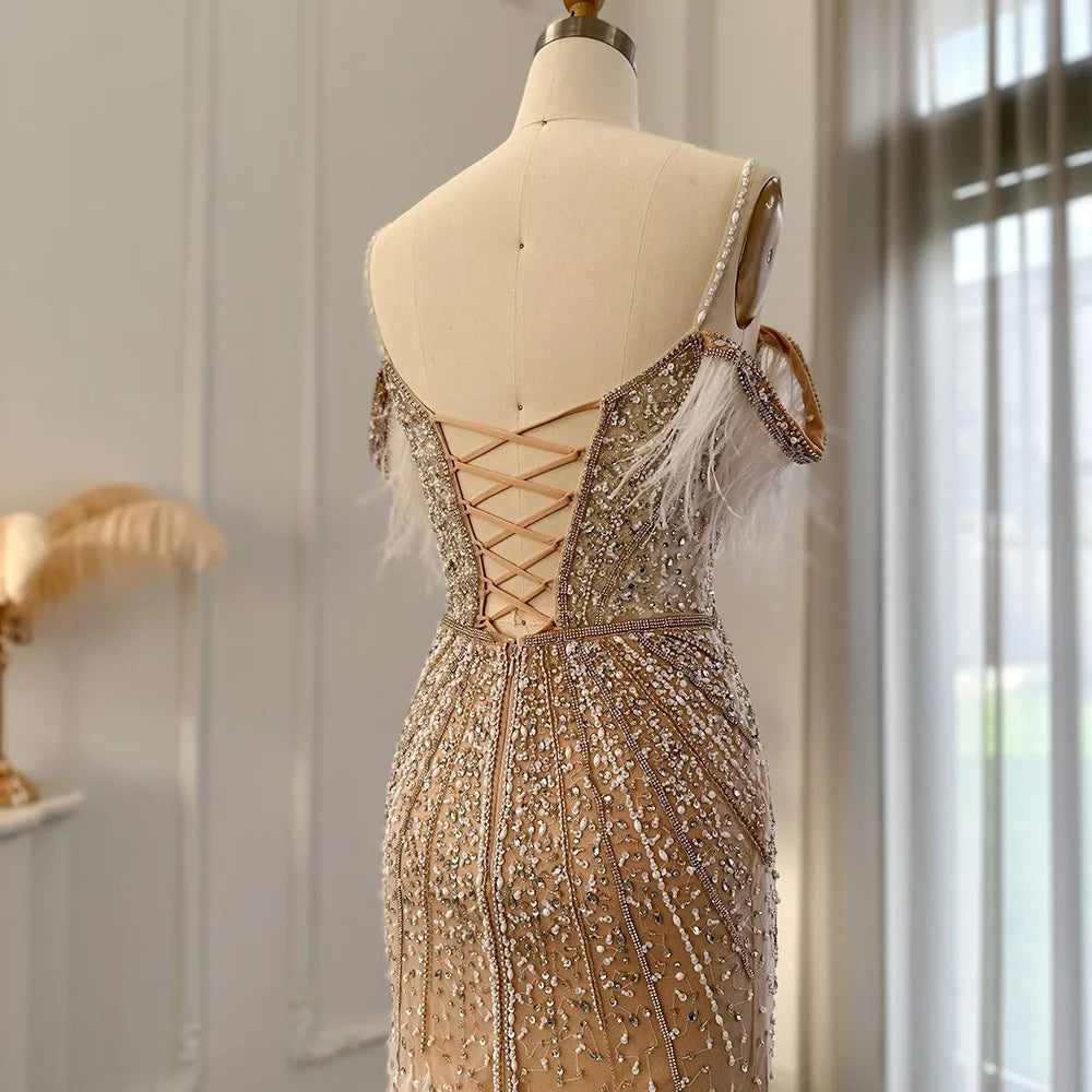 Luxury Feather Beaded Floor-Length Mermaid Dress