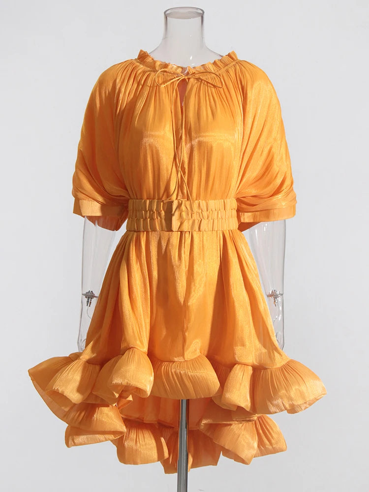 Ruffled Pleated Asymmetrical Mini Dress