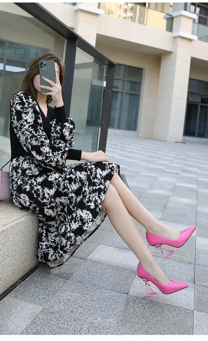 Pointed Toe Transparent Square Heel Shoes