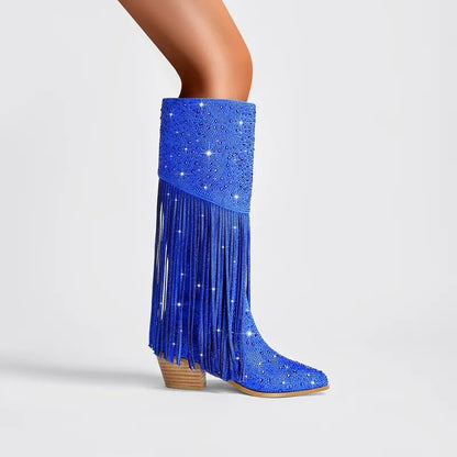 Rhinestone Fringe Square Heel Boots