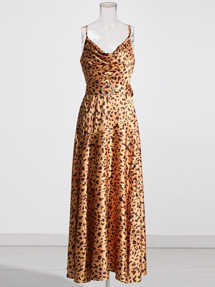 Leopard Print Spaghetti Strap Split Thigh Maxi Dress