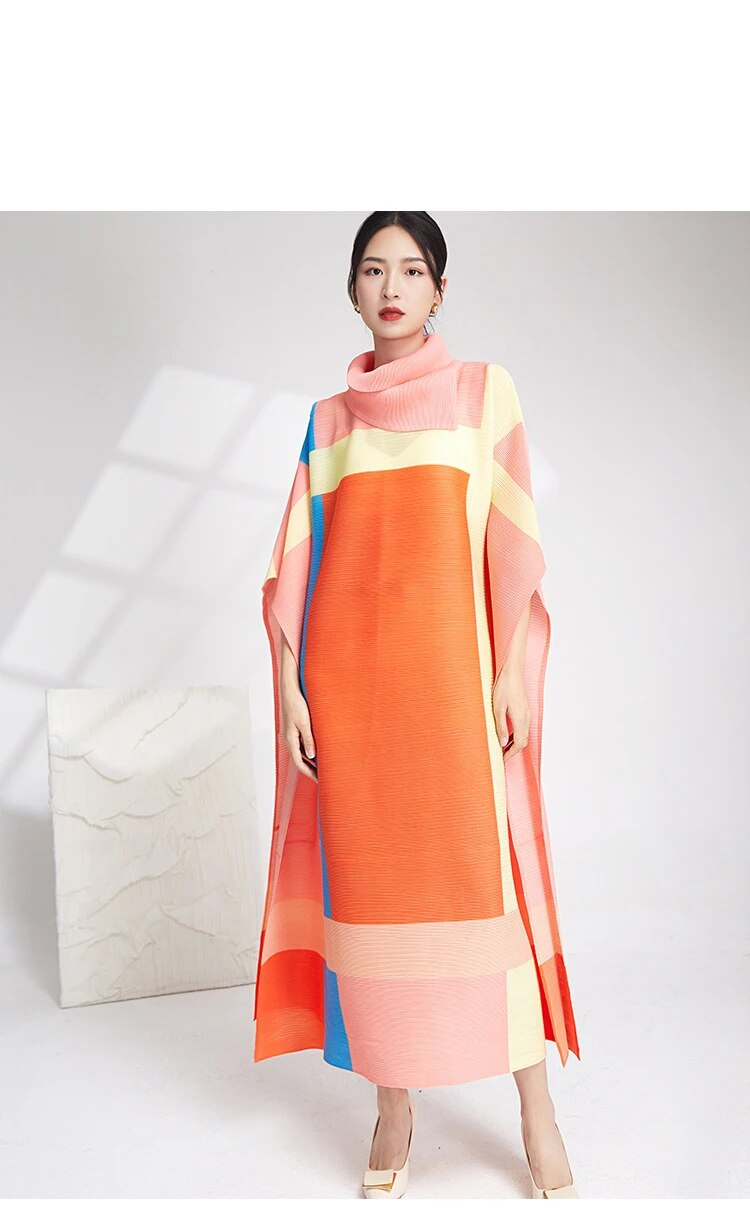 Miyake Pleated Contrast Turtleneck Midi Dress