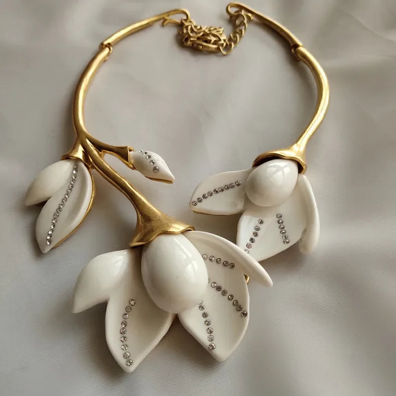 White Magnolia Dangle Earrings and Necklace Set