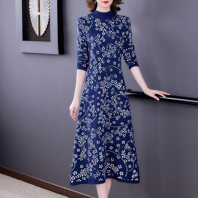 Floral Turtleneck Knitted Pullover Dress