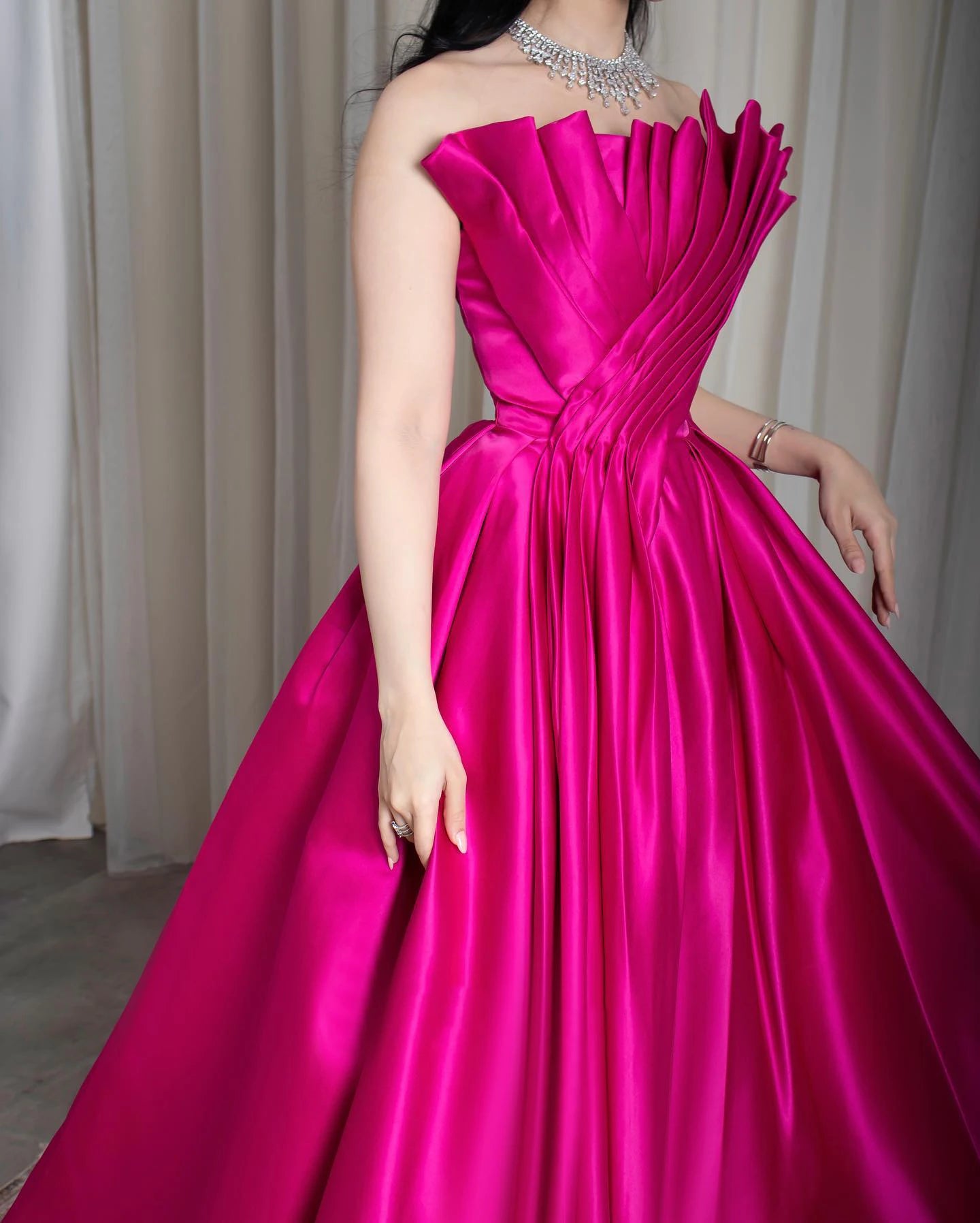 Pleated Scalloped Neck Strapless Evening Dress