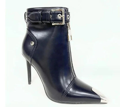 Metal Pointed Toe Belt Strap Ankle Boots