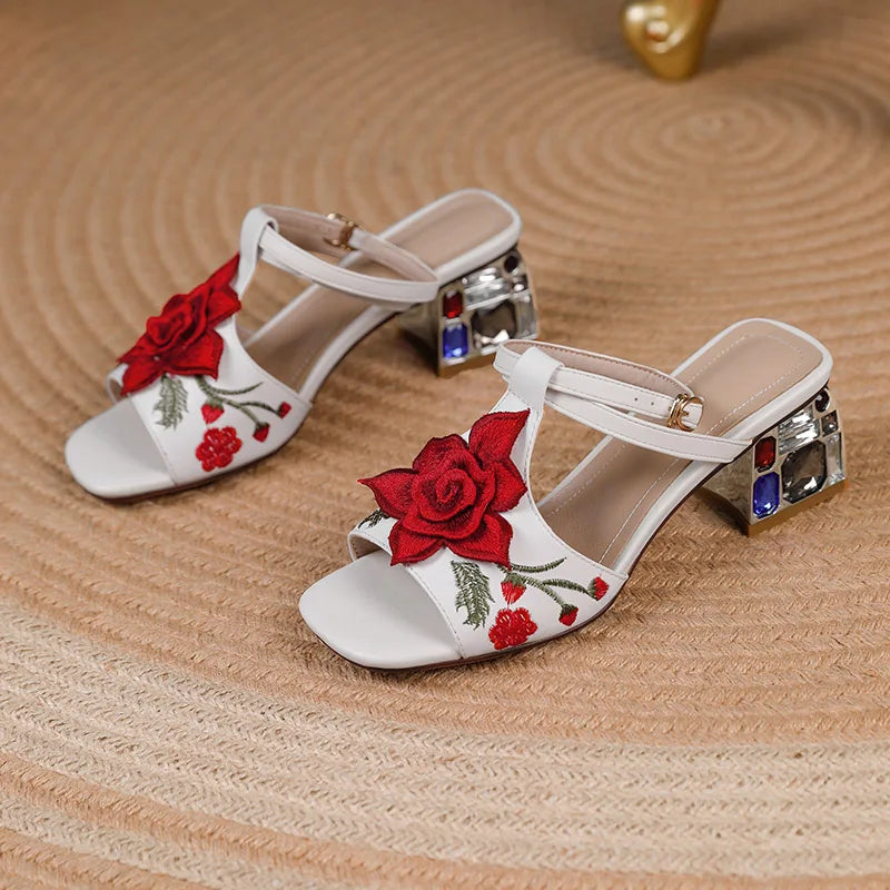 Floral Embroidery Rhinestone Heel Sandals
