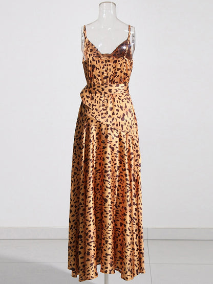 Leopard Print Spaghetti Strap Split Thigh Maxi Dress