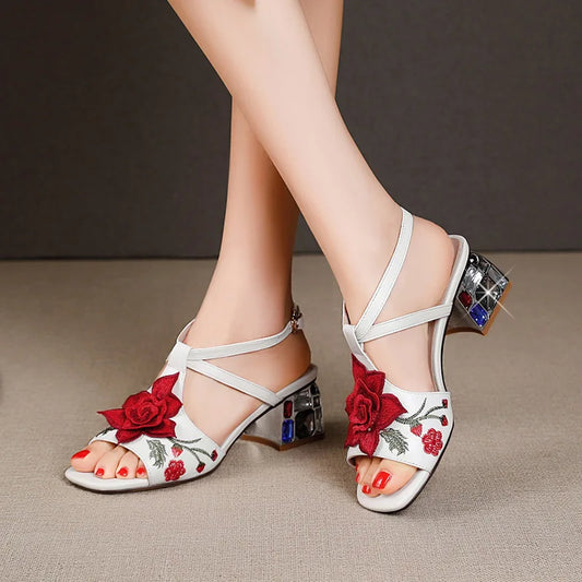 Floral Embroidery Rhinestone Heel Sandals