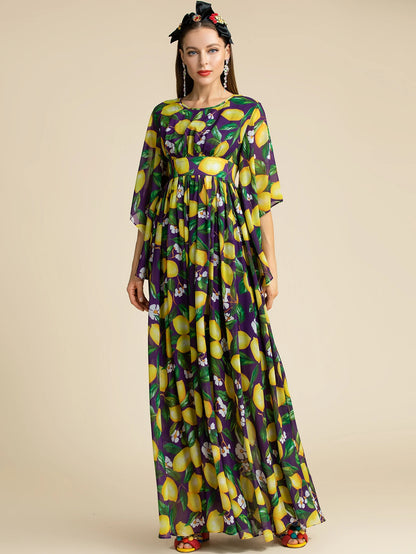 Bohemian Lemon Print Backless Maxi Dress