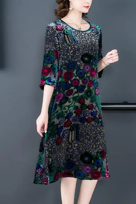 Floral Flocking Velvet Midi Dress