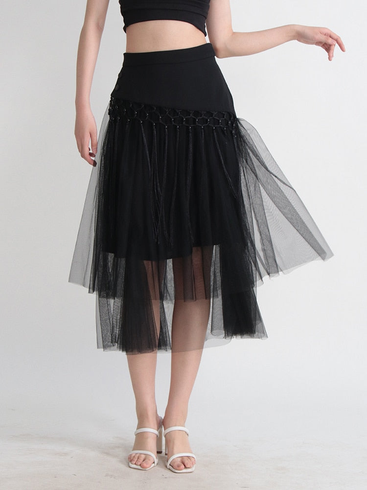 Patchwork Tassels Mesh A-Line Skirt