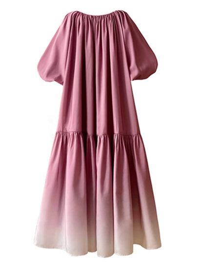 Gradient Pleated V-Neck Puff Sleeve Midi Dress