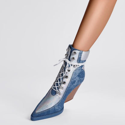 Denim Pointed Toe Lace Up Chelsea Boots