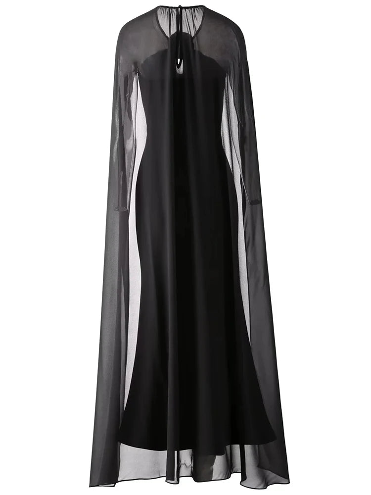 Black Floral Applique Caped Long Dress