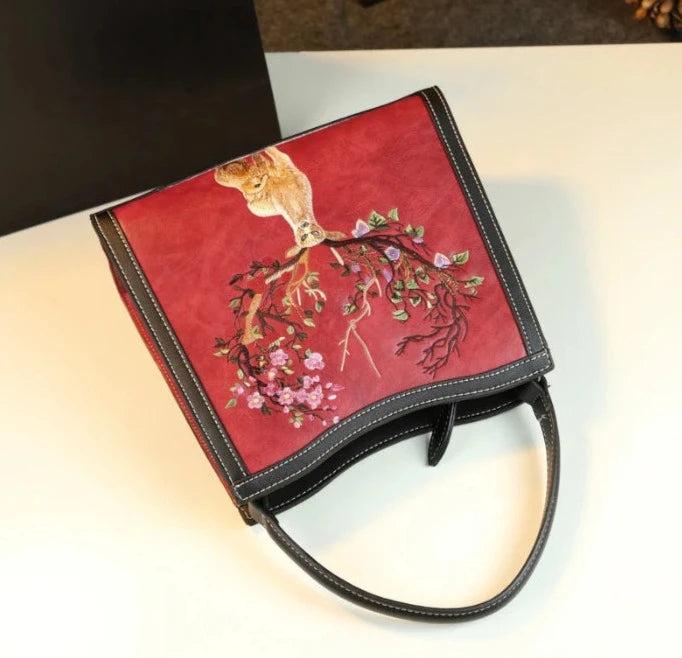 Embroidered Genuine Leather Sling Bag