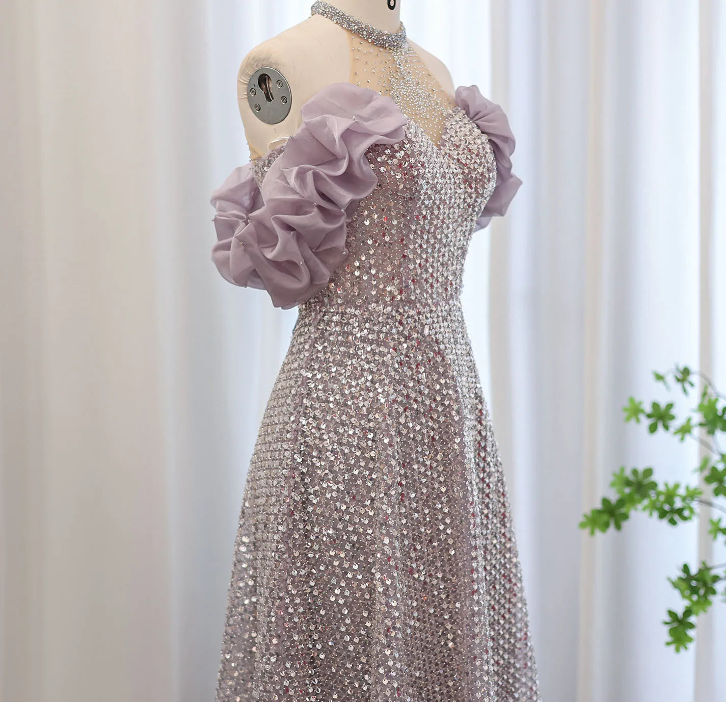 Sparkling Off-Shoulder Lace-Up Floor-Length Dress