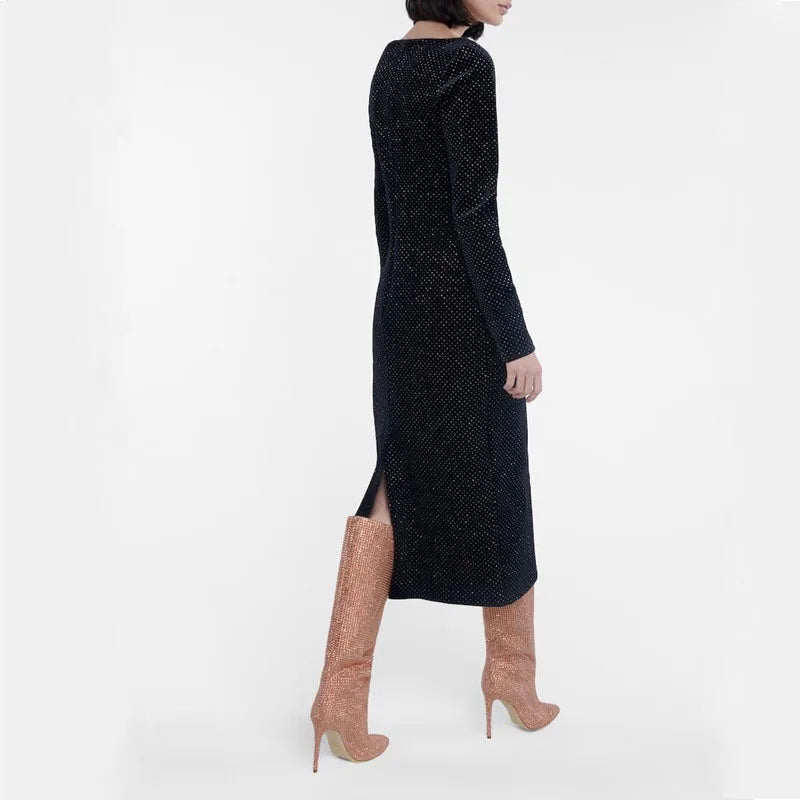 Rhinestone Pointed Toe Knee-High Boots