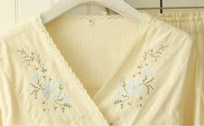 Embroidered Three-Quarter Sleeve Pajama Set