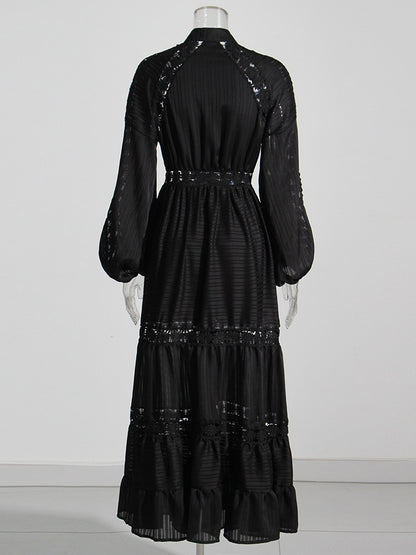 Embroidery Lantern Sleeve Openwork Maxi Dress