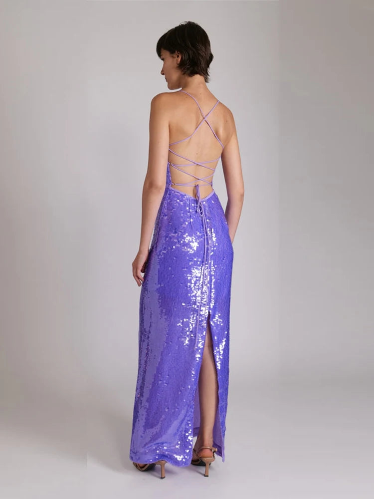 Sequined Sleeveless Backless Lace-up Long Dress