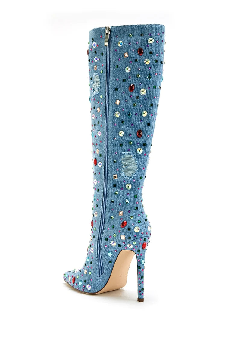 Multicolor Rhinestones Studded Knee-High Denim Boots