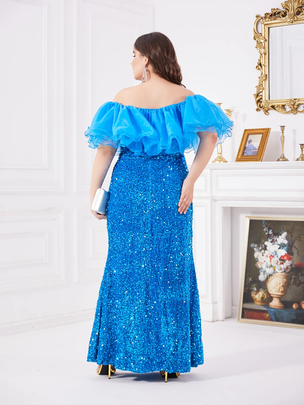 Plus Size Sequin Ruffled Off-Shoulder Dress