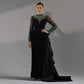 Emerald Green Feather Embellished Black Dress with Overskirt