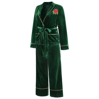 Rose Embroidered Gold Edge Pajama Set