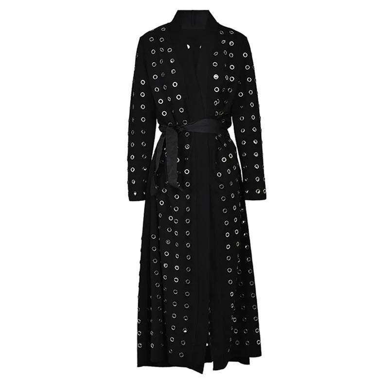 Rivet Hollow Out Lace Up Trench Coat