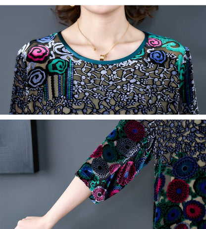 Floral Flocking Velvet Midi Dress