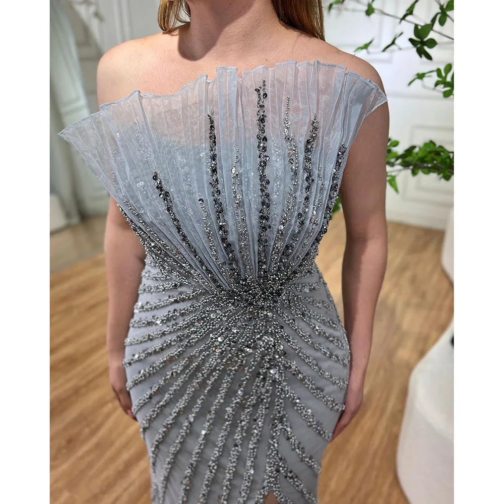 Luxury Sequined Split Strapless Mermaid Dress