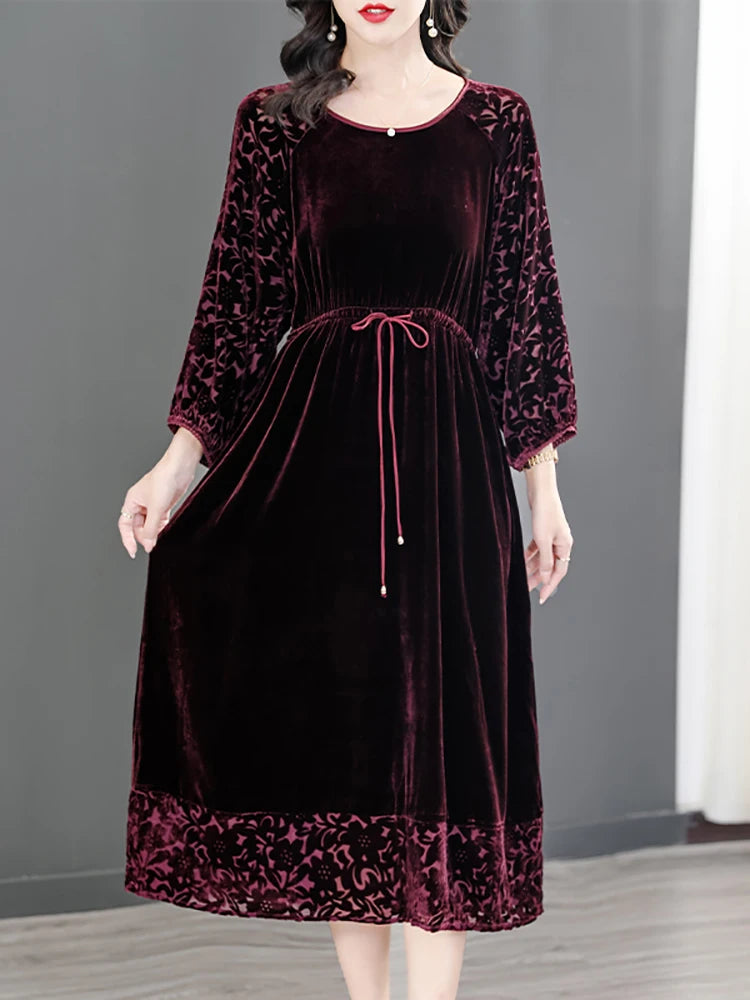 Printed Long Sleeve Velvet Midi Dress