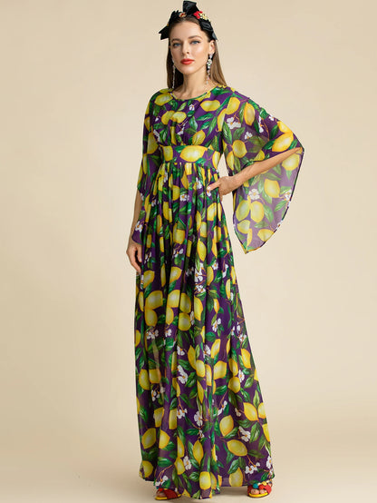 Bohemian Lemon Print Backless Maxi Dress