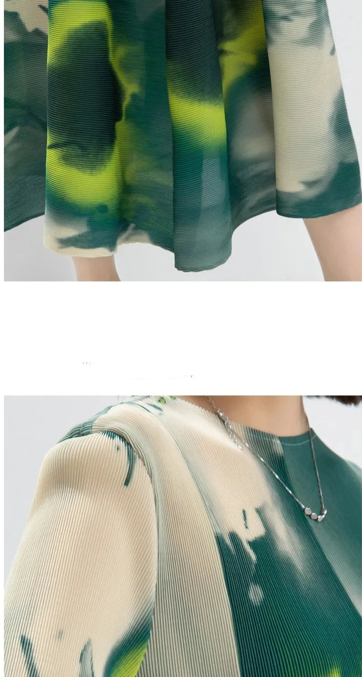 Miyake Pleated Printed Lantern Sleeve Midi Dress