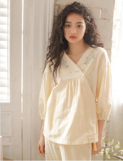 Embroidered Three-Quarter Sleeve Pajama Set