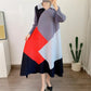 Miyake Pleated Color Block Lapel Collar Midi Dress