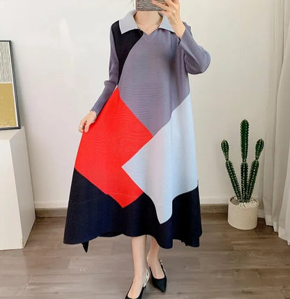 Miyake Pleated Color Block Lapel Collar Midi Dress
